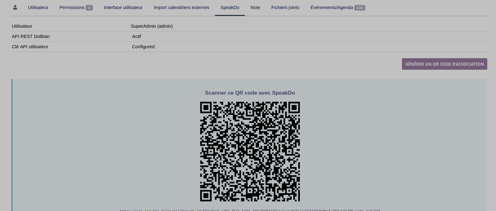 Onglet SpeakDo dans la fiche utilisateur Dolibarr : état de l'API REST, de la clé API, et QR code pour associer un téléphone.
